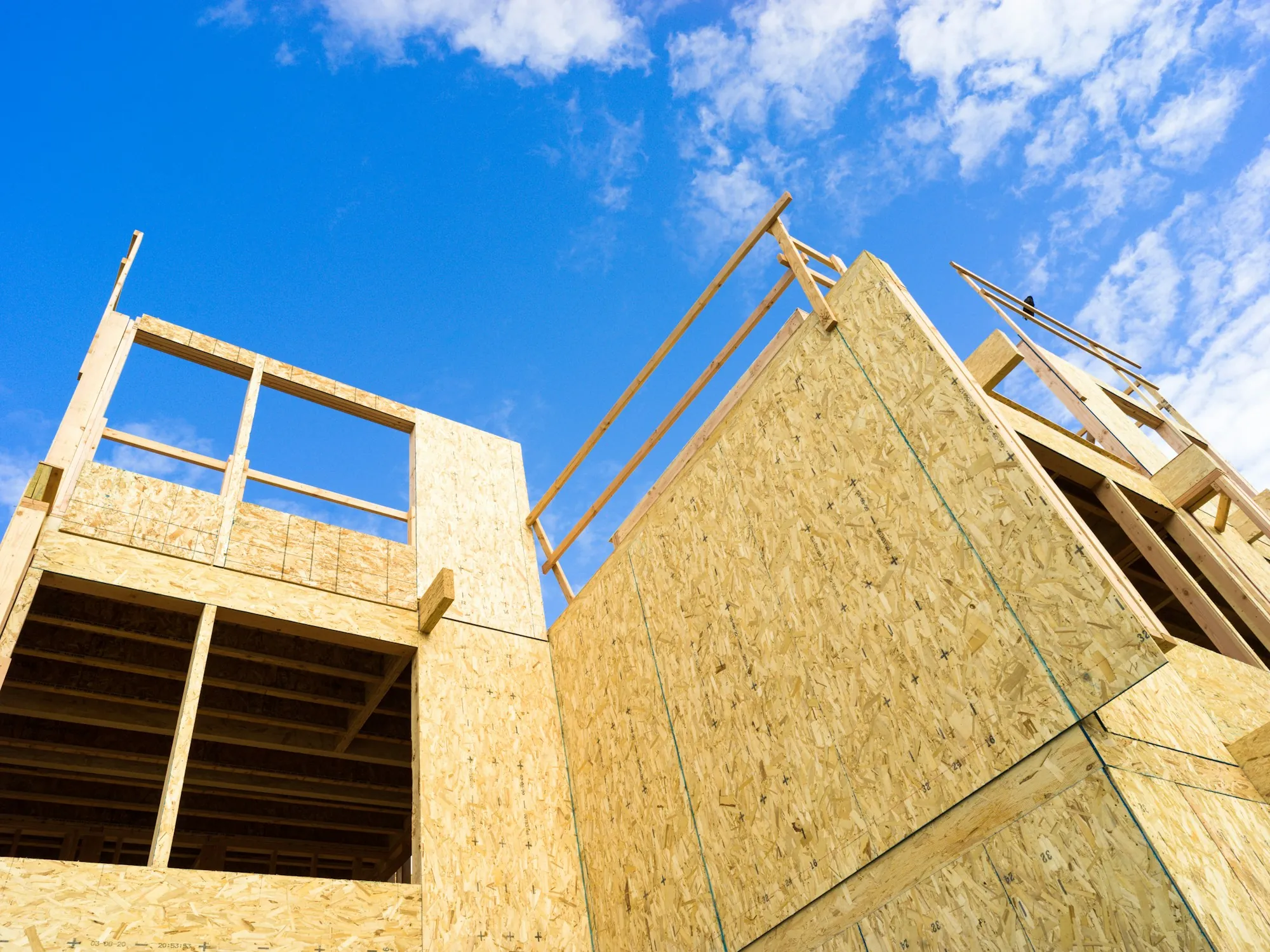 Wall framing and sheathing going up on a house
